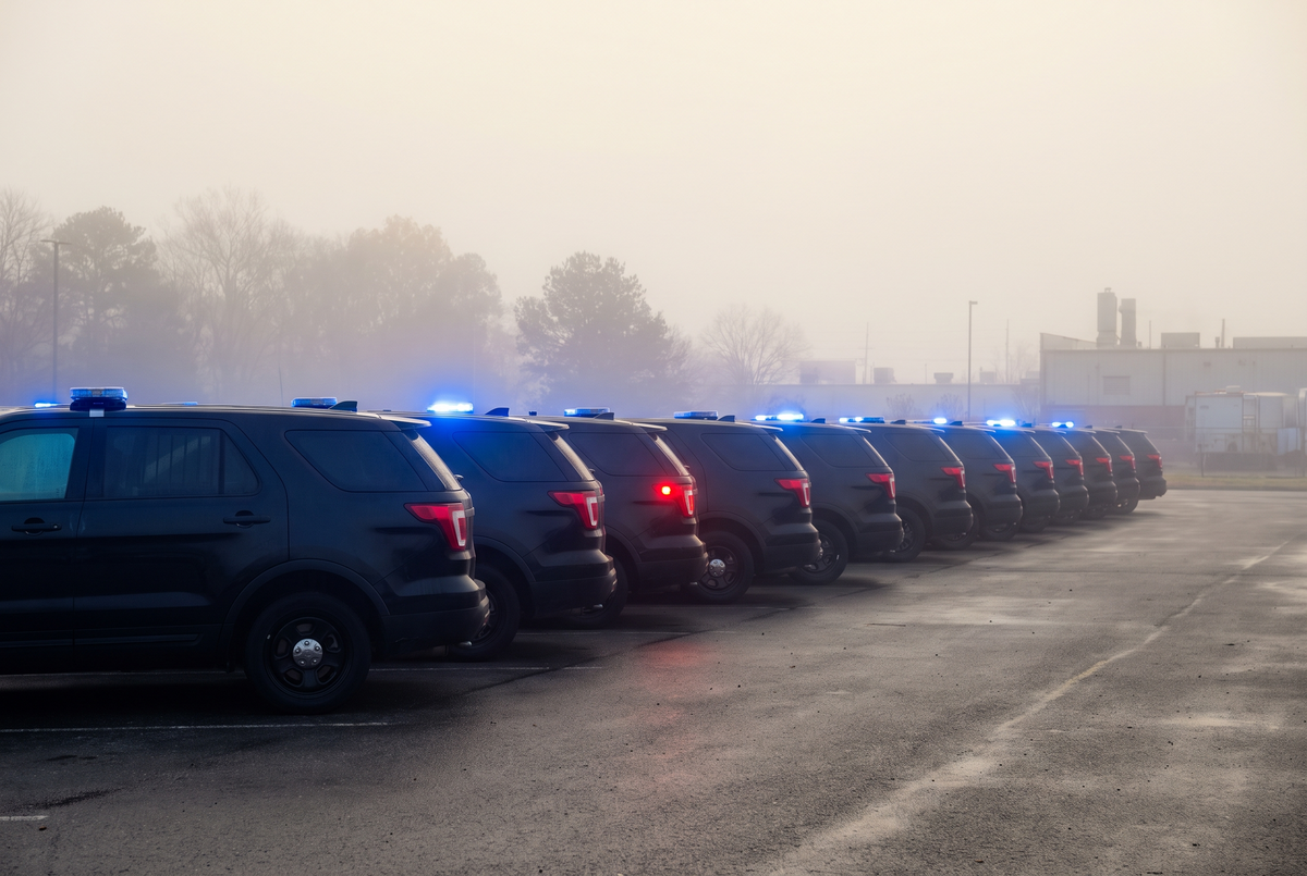 Alignement de véhicules de gendarmerie à l'aube dans la brume