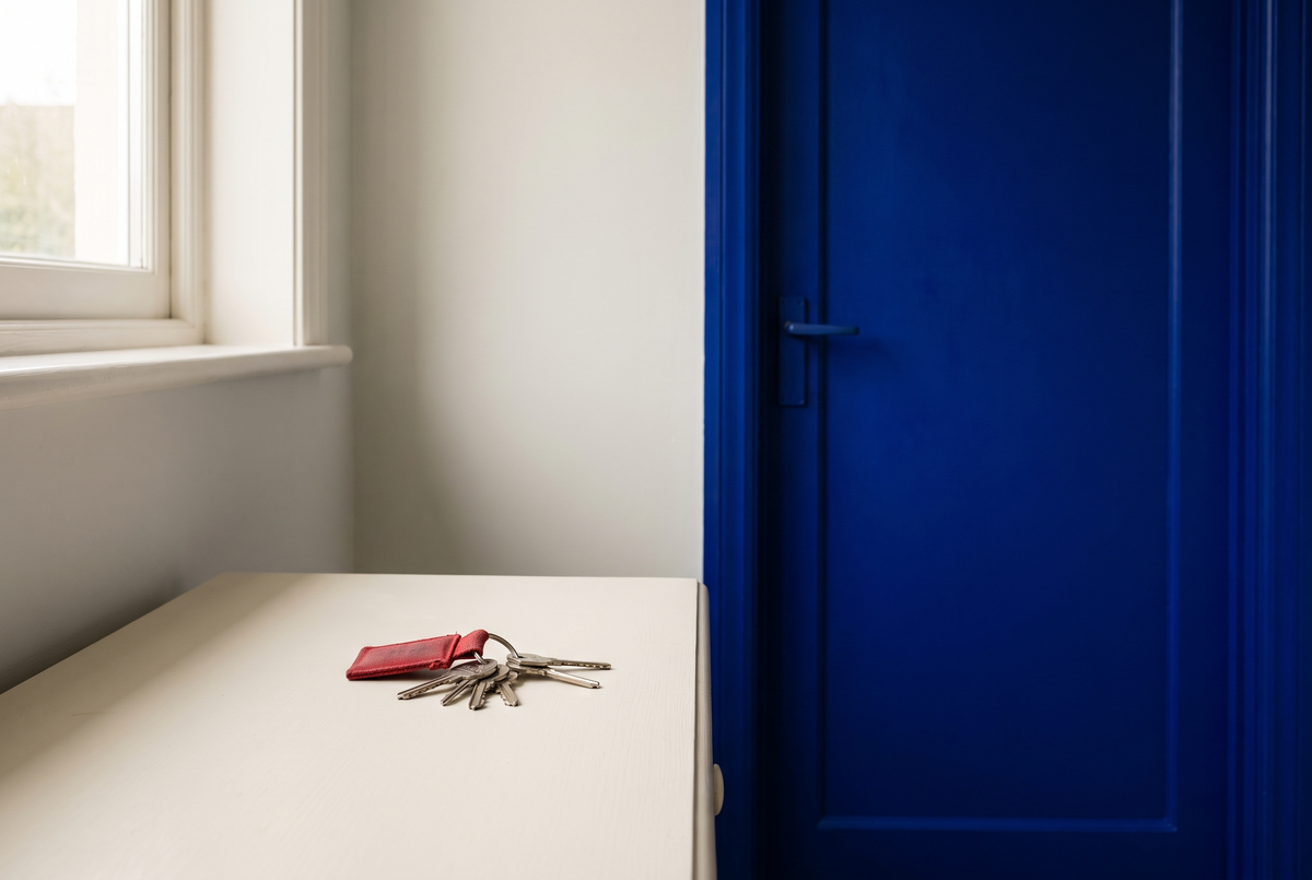 Trousseau de clés posé sur une table crème devant une porte d'appartement bleue