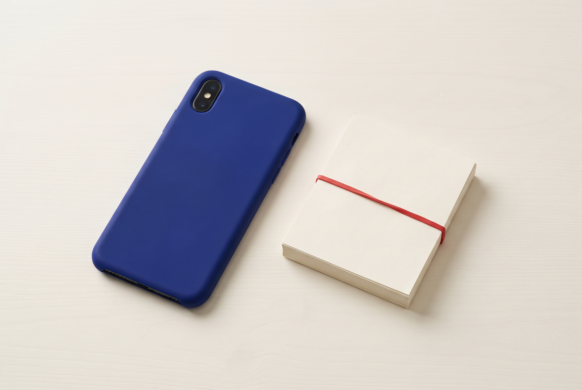 Téléphone posé face contre table crème à côté d'une liasse de papier serrée par un élastique rouge