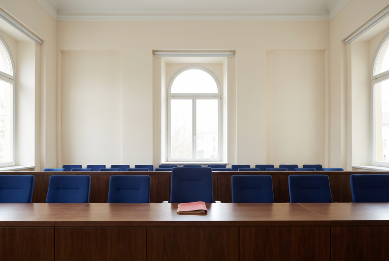 Salle d'audience administrative vide, murs crème et sièges bleus, un dossier rouge sur le banc