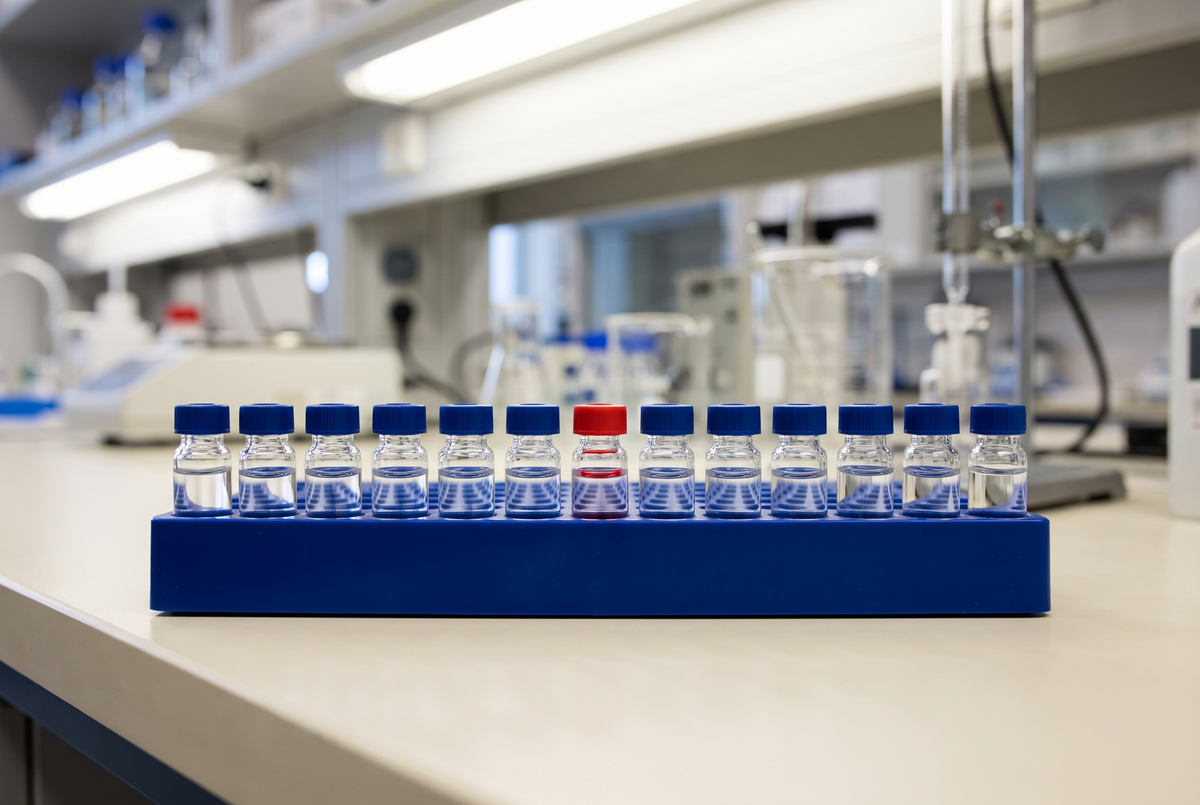 Rangée de flacons d'analyse dans un plateau de laboratoire bleu sur paillasse crème