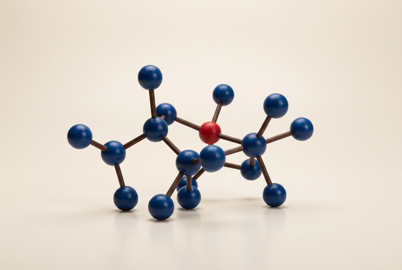 Modèle moléculaire en sphères bleues avec une sphère rouge sur fond crème