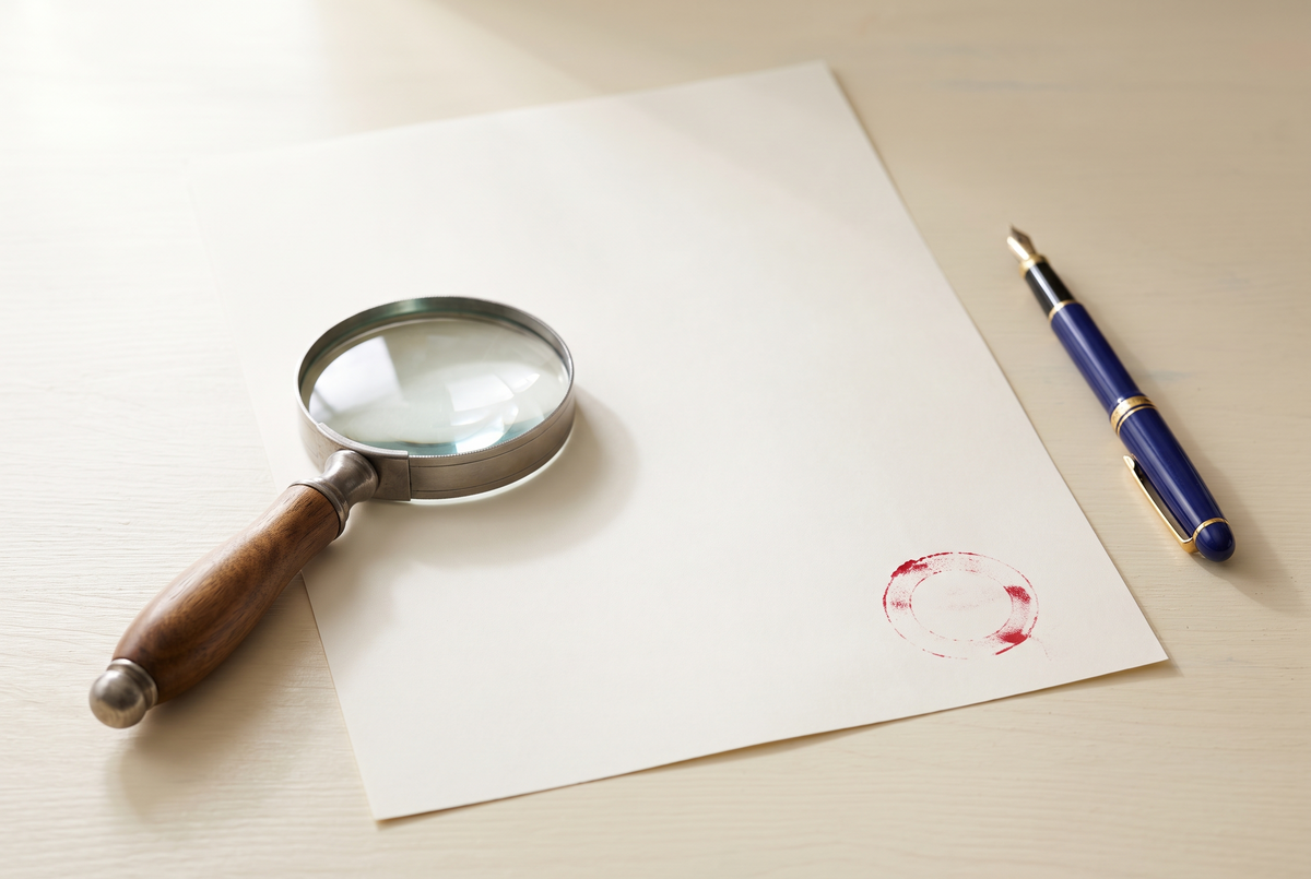 Loupe posée sur un certificat vierge, stylo bleu et cachet rouge sur un bureau crème