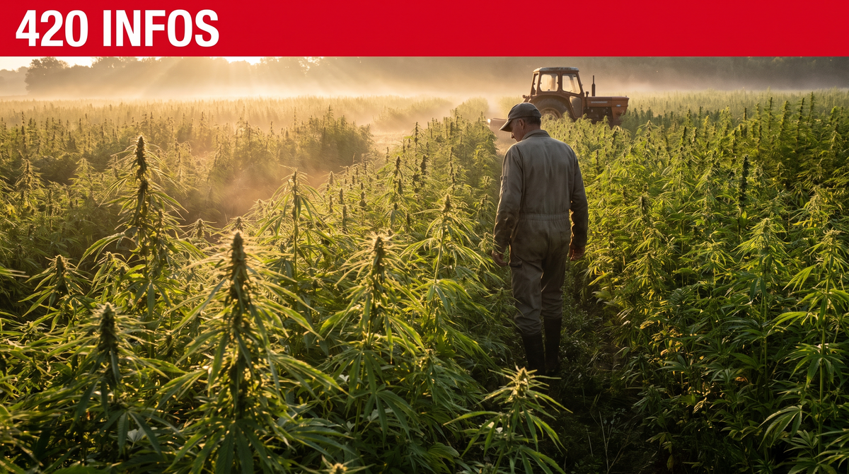 420 Infos : champ de chanvre français au lever du jour avec un agriculteur de dos