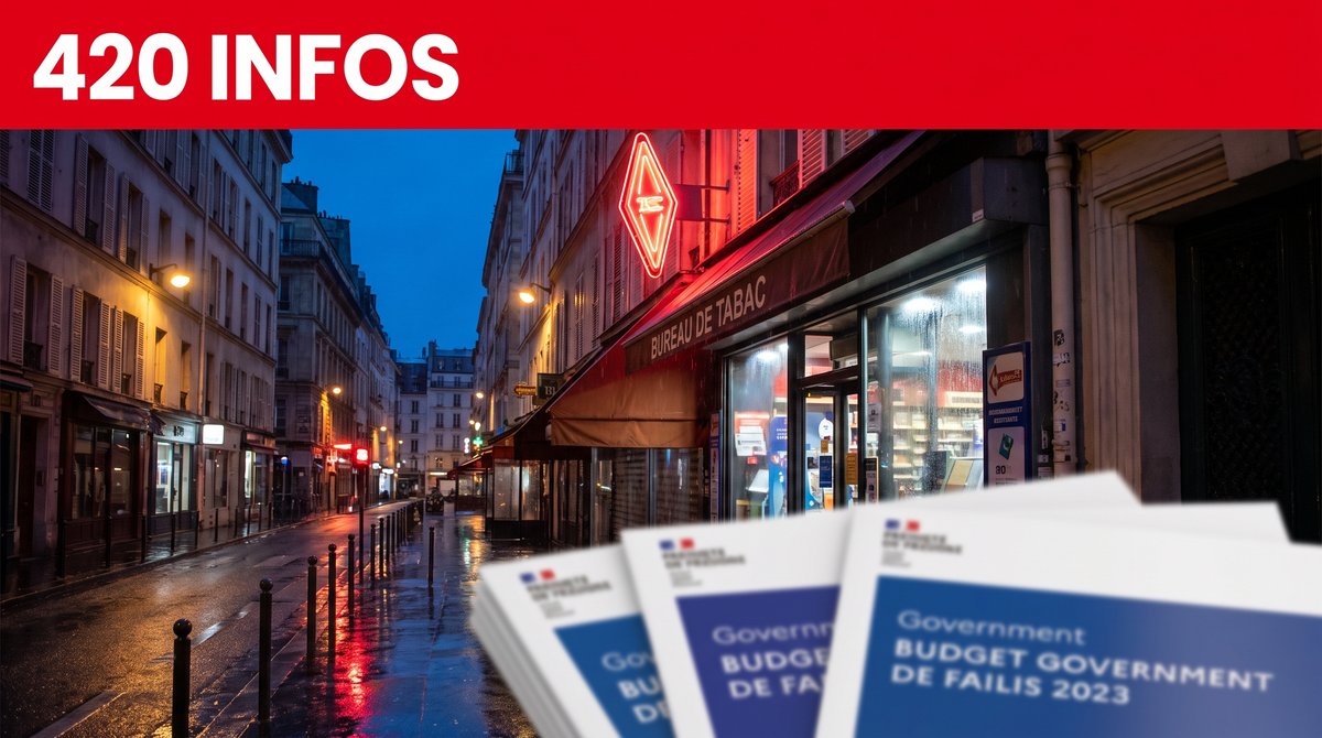420 Infos : devanture de bureau de tabac à la tombée du jour sous la pluie