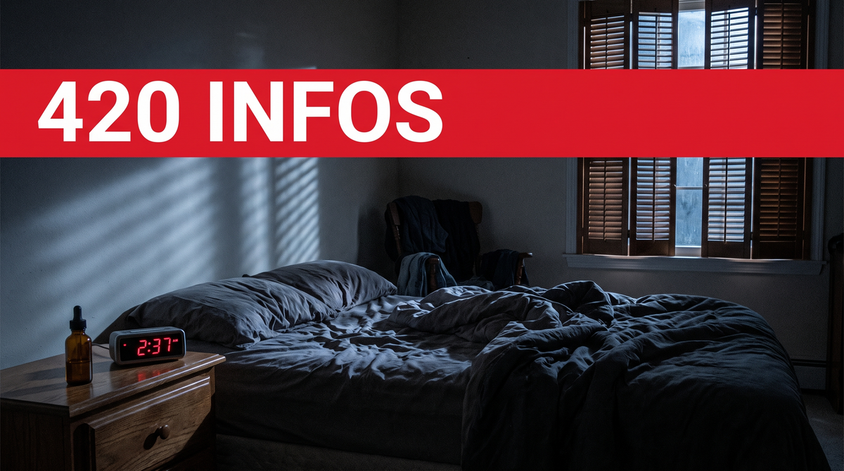 420 Infos : chambre la nuit, flacon compte-gouttes et réveil sur la table de chevet