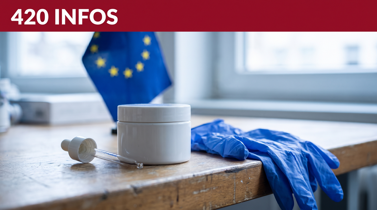 420 Infos : pot de cosmétique et pipette sur une paillasse, drapeau européen en arrière-plan