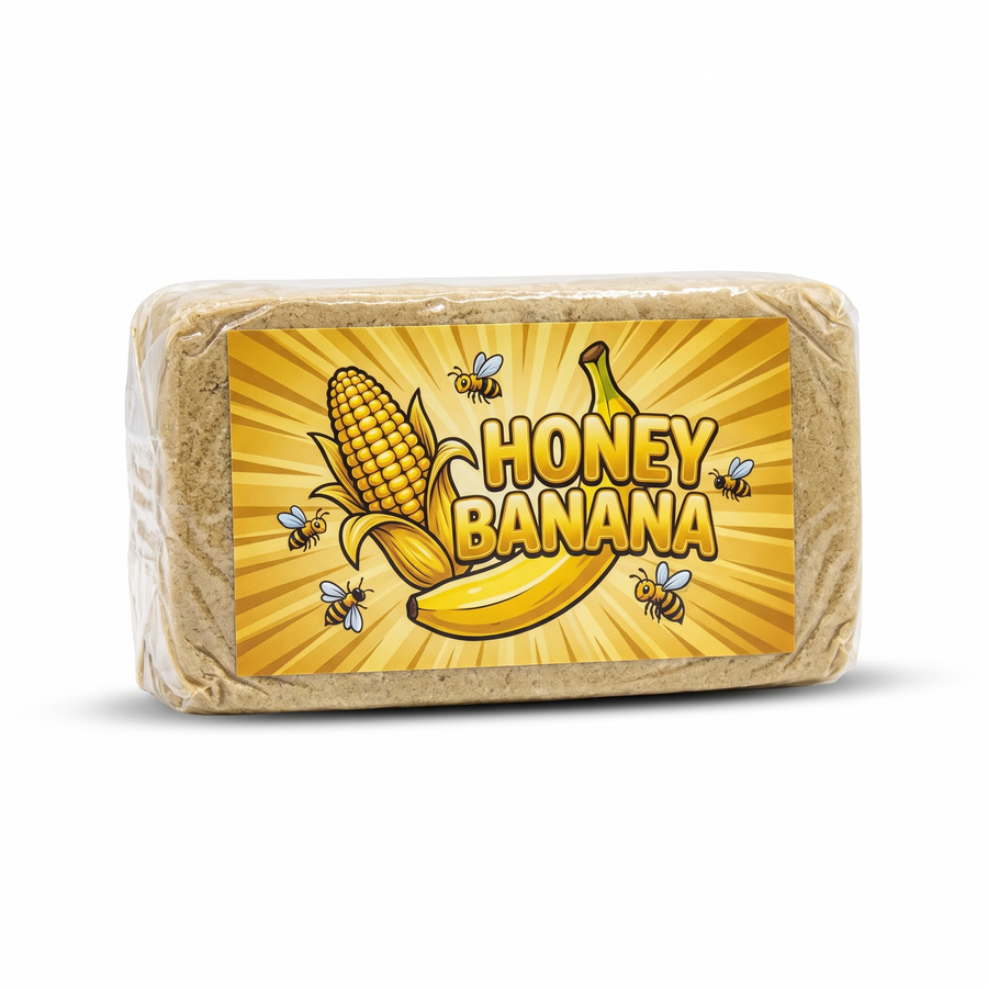 Honey Banana, hash CBD pressé sous film avec étiquette, Allo420